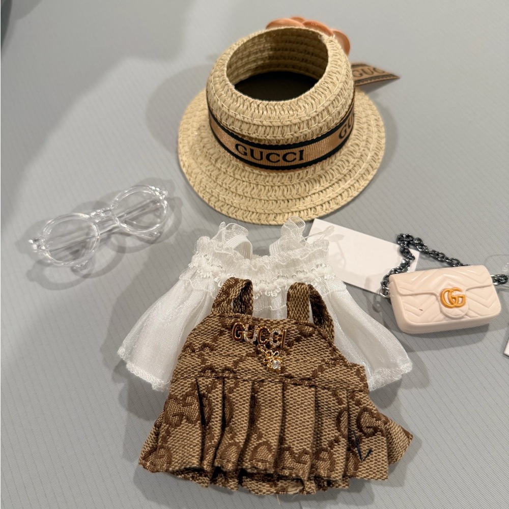 Labubu Gucci Beige GG Pinafore Set with White Lace Blouse and White Mini Bag